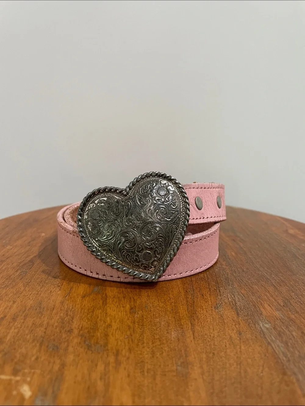 Vintage Wrangler Girls Pink Leather Western Belt Silver-Tone Heart Buckle